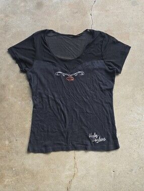 Vintage Y2K Harley Davidson Biker Grunge Goth Women's Moto Embroidered Top XL